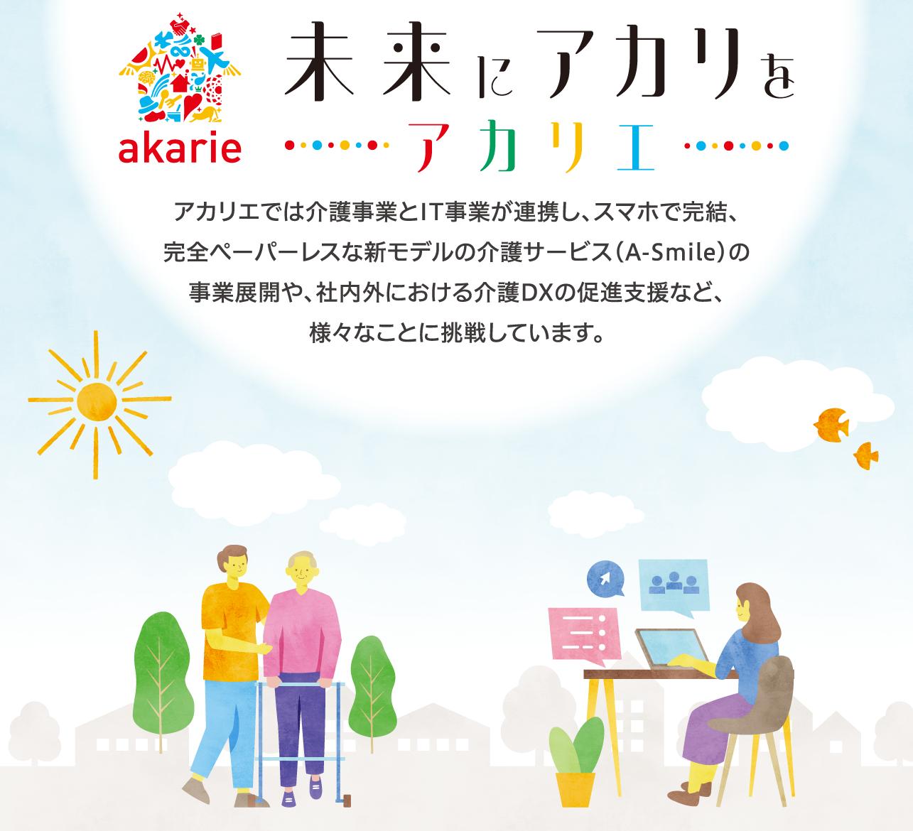 未来にアカリを…アカリエ。アカリエでは介護事業とIT事業が連携し、スマホで完結、完全ペーパーレスな新モデルの介護サービス（A-Smile）の事業展開や、社内外における介護DXの促進支援など、様々なことに挑戦しています。