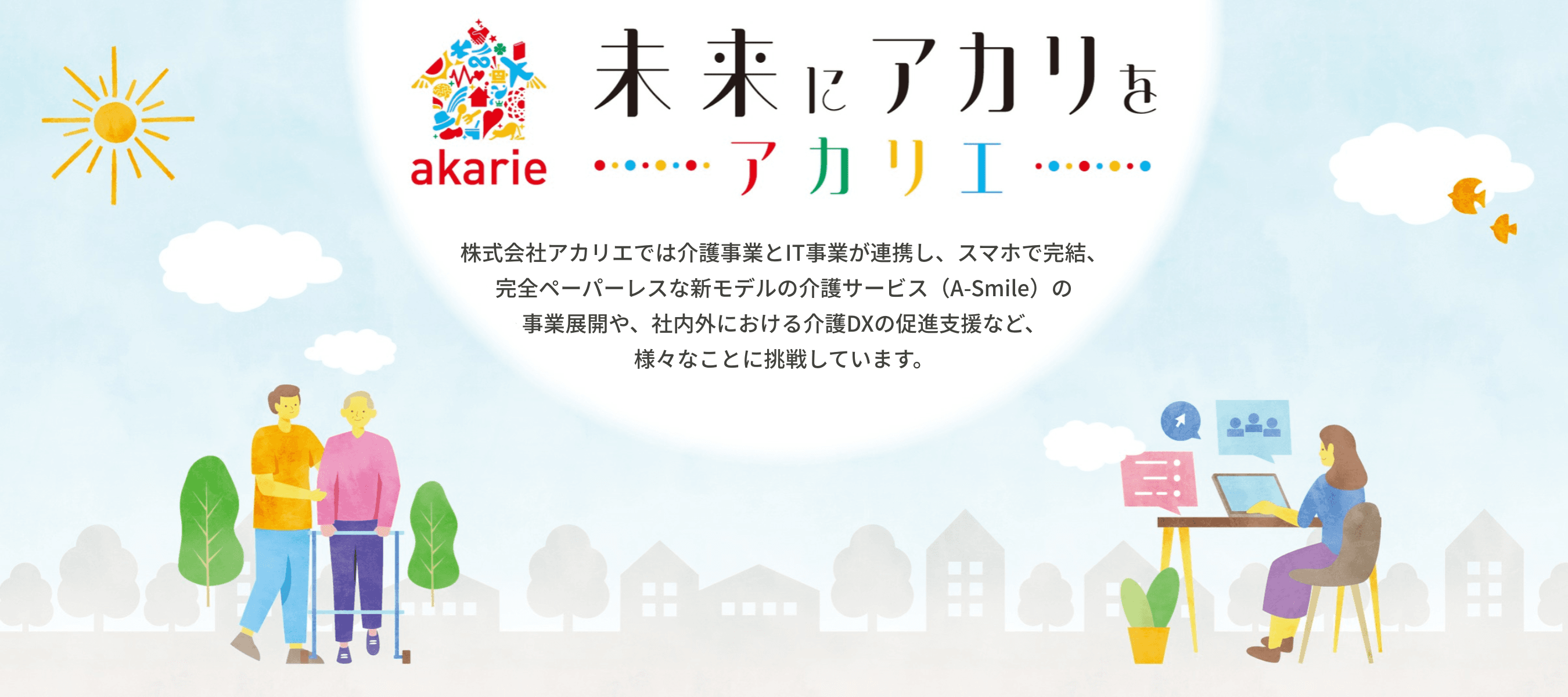 未来にアカリを…アカリエ。アカリエでは介護事業とIT事業が連携し、スマホで完結、完全ペーパーレスな新モデルの介護サービス(A-Smile)の事業展開や、社内外における介護DXの促進支援など、様々なことに挑戦しています。